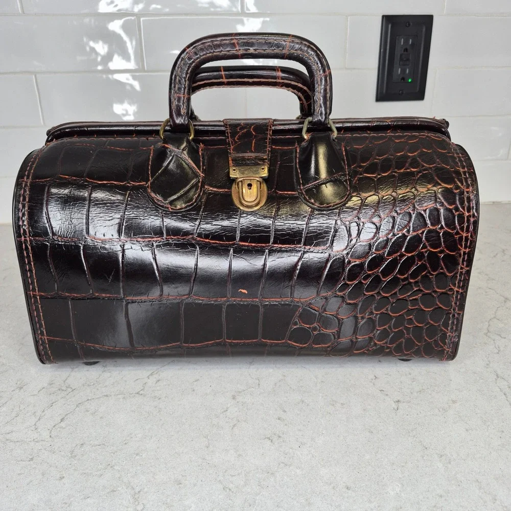 Upjohn Doctor Bag Vintage Faux Croc Embossed Leather Brown Unisex